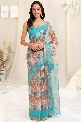 Off white kota doria floral print copper zari border saree with unstitched blouse piece