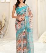 Off white kota doria floral print copper zari border saree with unstitched blouse piece