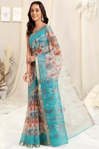 Off white kota doria floral print copper zari border saree with unstitched blouse piece