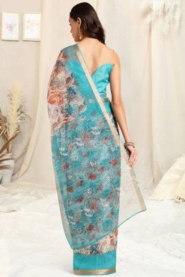 Off white kota doria floral print copper zari border saree with unstitched blouse piece 3