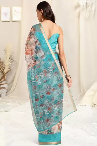 Off white kota doria floral print copper zari border saree with unstitched blouse piece