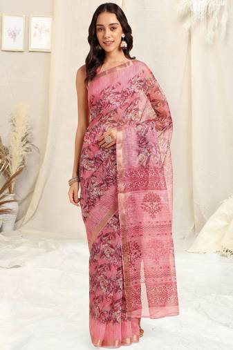 Pink kota doria floral print/ block print copper zari border saree with unstitched blouse piece
