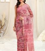 Pink kota doria floral print/ block print copper zari border saree with unstitched blouse piece