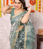 Off white kota doria floral print/ block print copper zari border saree with unstitched blouse piece