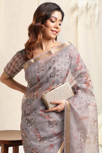 Grey Kota Doria Ethnic Motifs Copper Zari Border Saree With Unstitched Blouse Piece