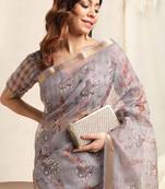 Grey Kota Doria Ethnic Motifs Copper Zari Border Saree With Unstitched Blouse Piece