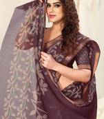 Wine kota doria floral print copper zari border saree with unstitched blouse piece