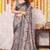 Cream silk blend ajrakh print woven silver border saree with unstitched blouse piece