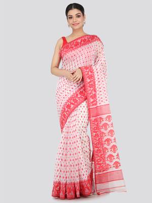 White Hand Woven Pure Cotton Saree Without Blouse 1