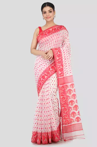 White Hand Woven Pure Cotton Saree Without Blouse