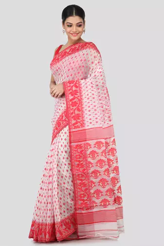 White Hand Woven Pure Cotton Saree Without Blouse