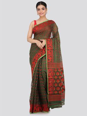 Green Hand Woven Pure Cotton Saree Without Blouse 1