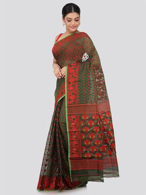 Green Hand Woven Pure Cotton Saree Without Blouse 2