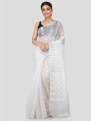 White Hand Woven Pure Cotton Saree Without Blouse 1