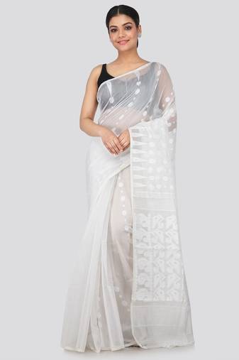White Hand Woven Pure Cotton Saree Without Blouse