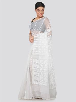 White Hand Woven Pure Cotton Saree Without Blouse 2