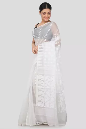 White Hand Woven Pure Cotton Saree Without Blouse