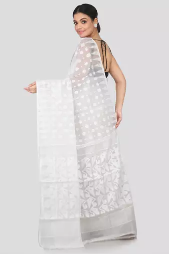 White Hand Woven Pure Cotton Saree Without Blouse