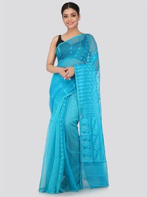 Blue Hand Woven Pure Cotton Saree Without Blouse 1
