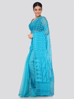 Blue Hand Woven Pure Cotton Saree Without Blouse 2