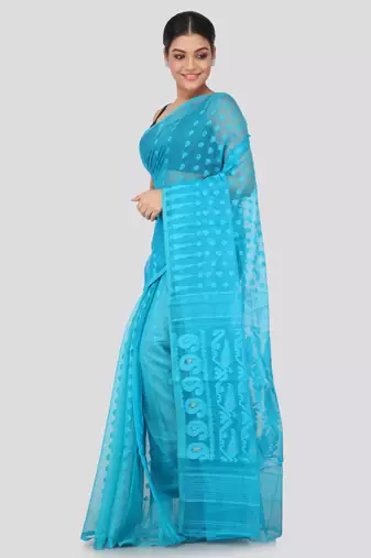 Blue Hand Woven Pure Cotton Saree Without Blouse