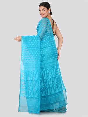Blue Hand Woven Pure Cotton Saree Without Blouse 3