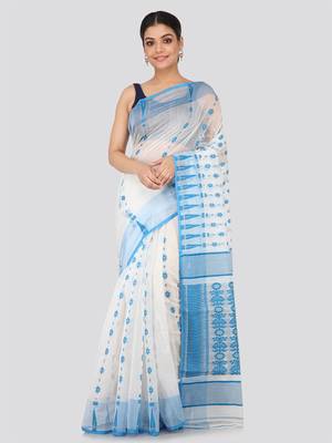 White Hand Woven Pure Cotton Saree Without Blouse 1