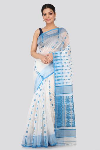 White Hand Woven Pure Cotton Saree Without Blouse