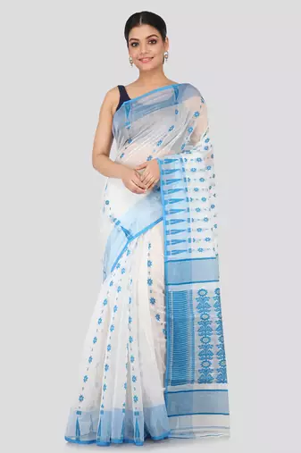 White Hand Woven Pure Cotton Saree Without Blouse