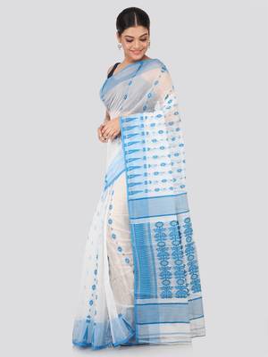 White Hand Woven Pure Cotton Saree Without Blouse 2