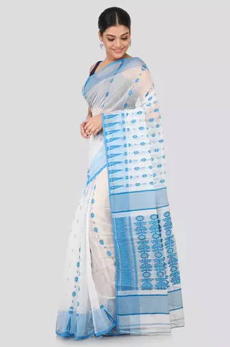 White Hand Woven Pure Cotton Saree Without Blouse