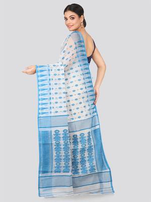 White Hand Woven Pure Cotton Saree Without Blouse 3