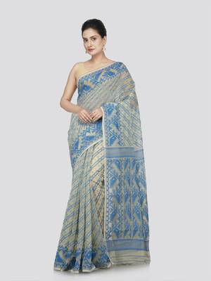 Pinkloom Women'S Beige Pure Cotton Jamdani-Sarees Without Blouse 1