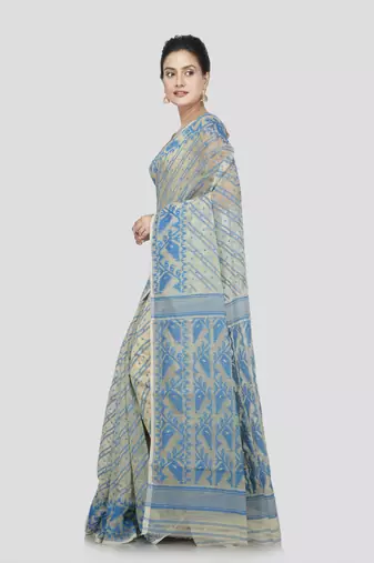 Pinkloom Women'S Beige Pure Cotton Jamdani-Sarees Without Blouse