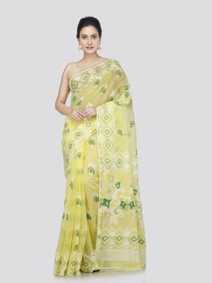 Pinkloom women's yellow pure cotton cotton-sarees without blouse 1