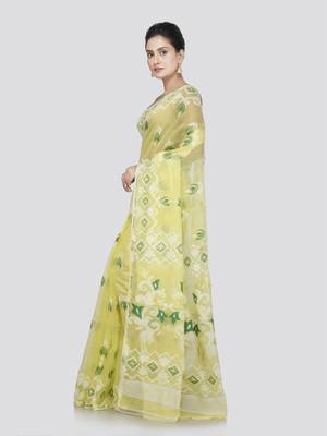 Pinkloom women's yellow pure cotton cotton-sarees without blouse 2