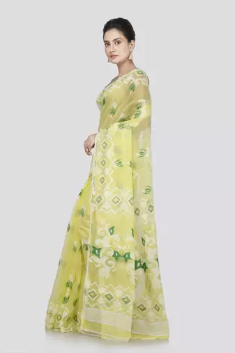 Pinkloom women's yellow pure cotton cotton-sarees without blouse