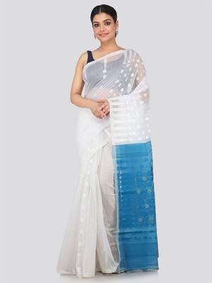 White Hand Woven Pure Cotton Saree Without Blouse 1