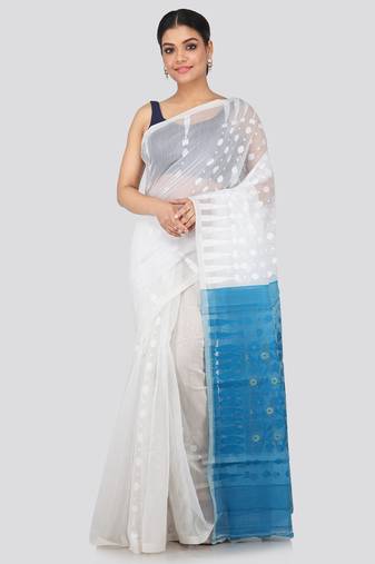 White Hand Woven Pure Cotton Saree Without Blouse