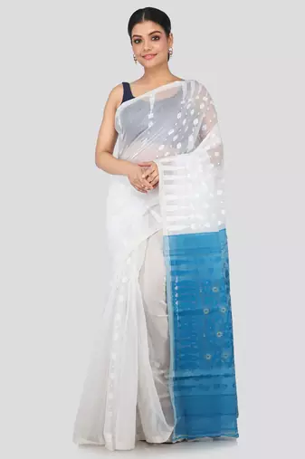 White Hand Woven Pure Cotton Saree Without Blouse
