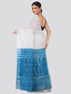 White Hand Woven Pure Cotton Saree Without Blouse 3