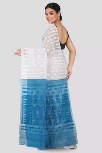 White Hand Woven Pure Cotton Saree Without Blouse