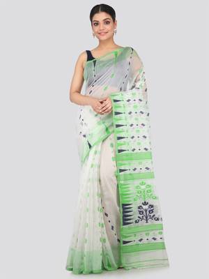 White Hand Woven Pure Cotton Saree Without Blouse 1