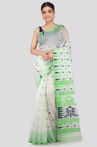 White Hand Woven Pure Cotton Saree Without Blouse