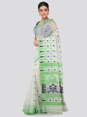 White Hand Woven Pure Cotton Saree Without Blouse 2