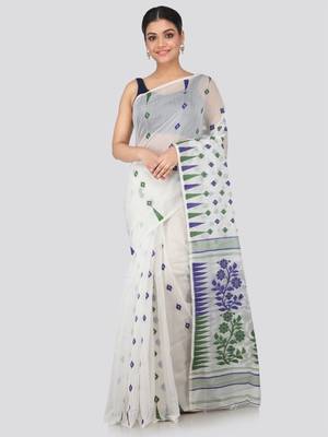 White Hand Woven Pure Cotton Saree Without Blouse 1