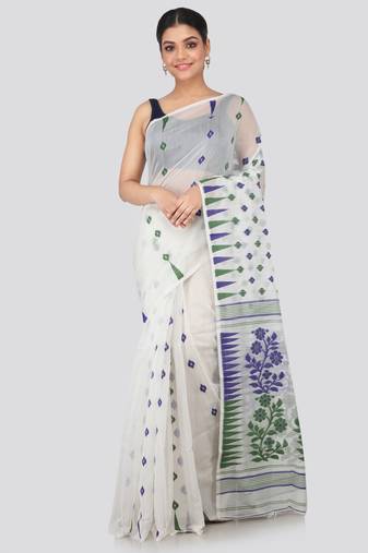 White Hand Woven Pure Cotton Saree Without Blouse