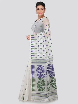 White Hand Woven Pure Cotton Saree Without Blouse 2