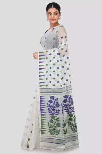 White Hand Woven Pure Cotton Saree Without Blouse