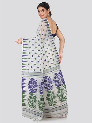 White Hand Woven Pure Cotton Saree Without Blouse 3